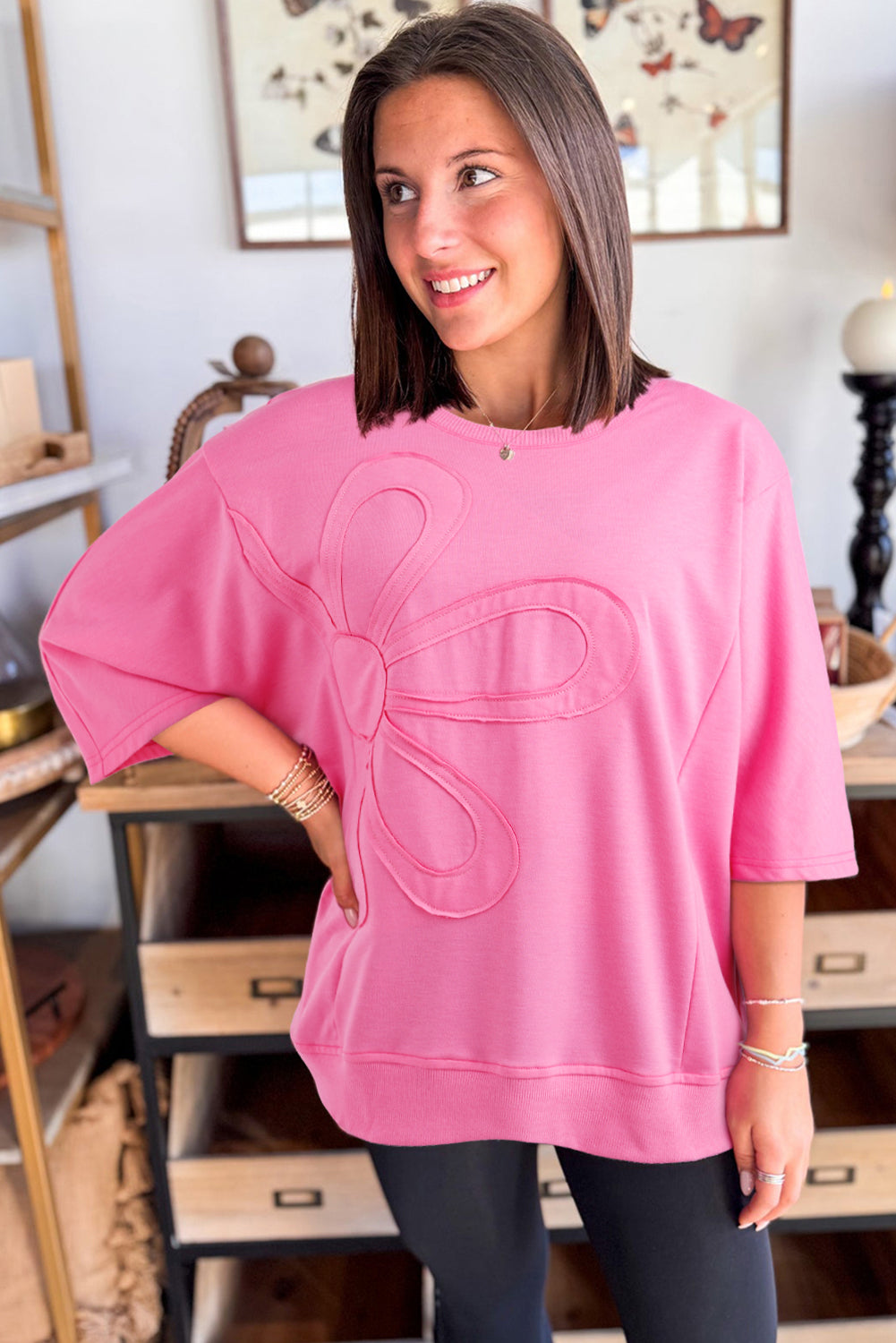 Clearly Aqua Floral Patched Half Sleeve Tunic Top