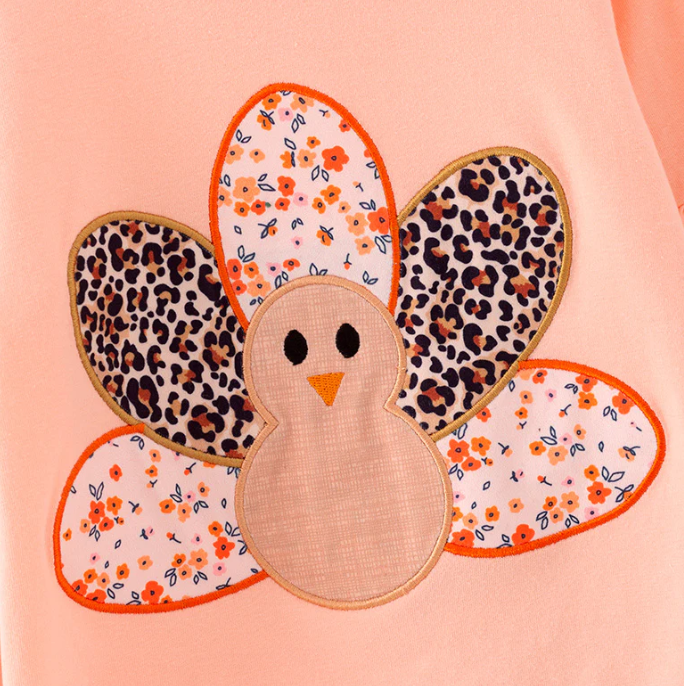 Girls Thanksgiving Turkey Applique Long Sleeves Leopard Pant Set