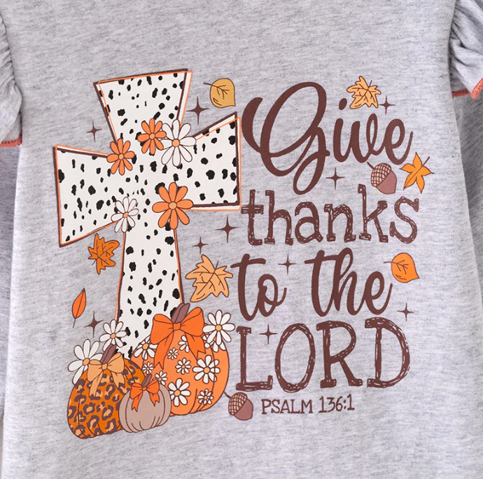 Girls Thanksgiving Pumpkin Cross Print Grey Coral Pant Set
