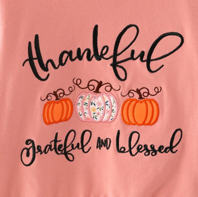 Girls Thankful Grateful Blessed Print Coral Floral Bell Pant Set