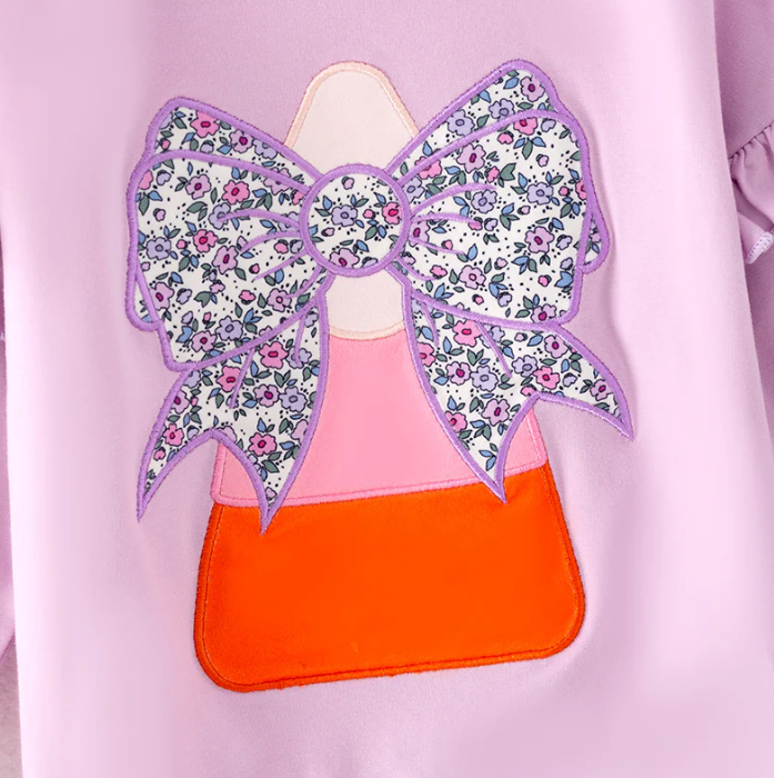 Girls Halloween Corn Bow Applique Floral Bell Pant Purple Set