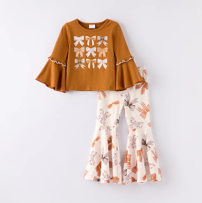 Girls Fall Autumn Brown Bow Long Sleeves Bell Pant Set