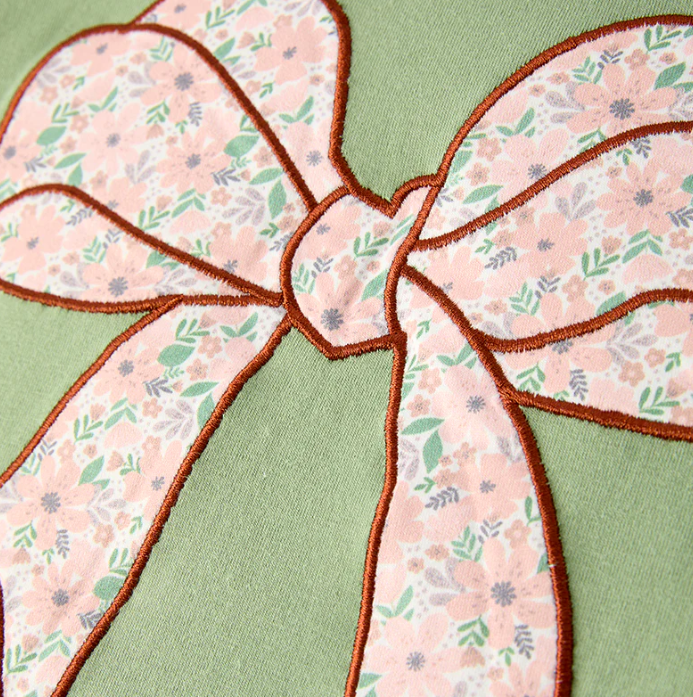 Green Floral Print Bow Long Sleeves Pant Set