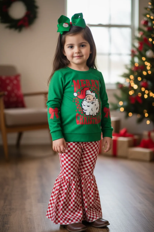 Santa printed sweatshirt and checker bell bottoms