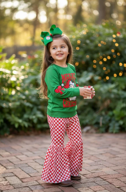 Santa printed sweatshirt and checker bell bottoms