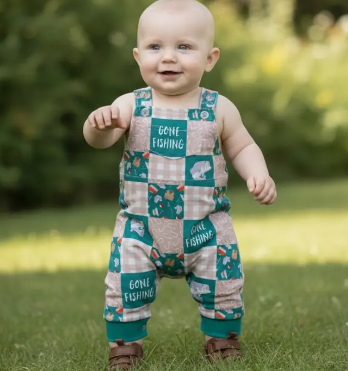 Gone Fishing, Green Multi-Printed Patch Baby Romper with Snaps.