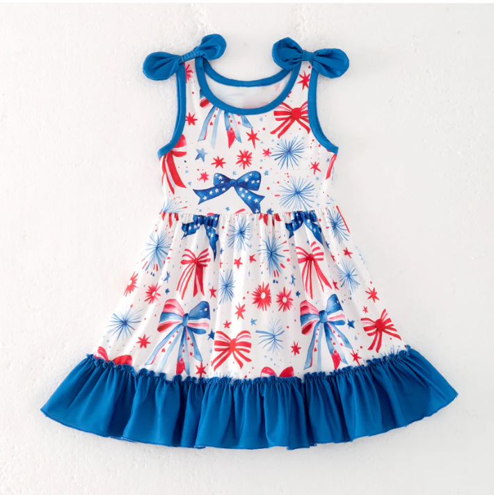 Girls Summer July 4th Red Blue Bow Ruffled Dress