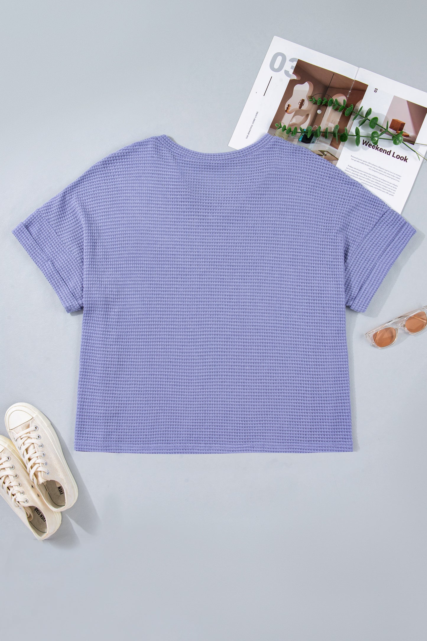 Clearly Aqua V Neck Short Sleeve Plus Size Waffle Knit Top