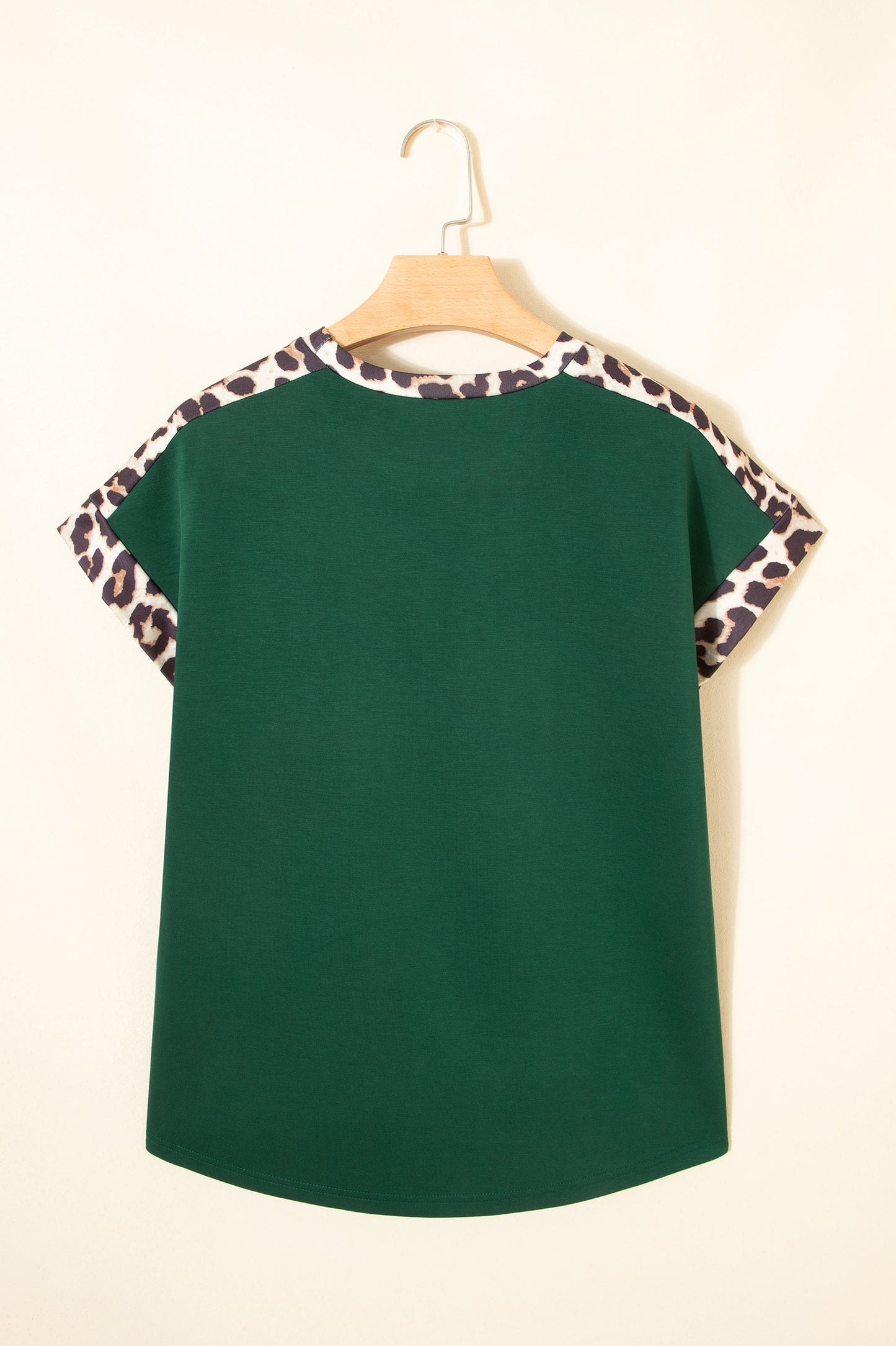 Sea Green Leopard Trim Round Neck Loose T Shirt