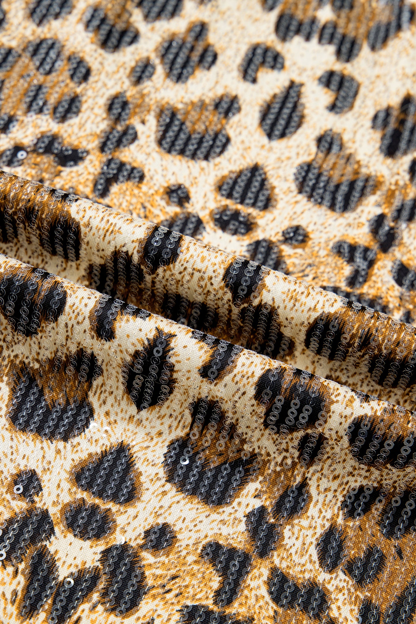 Brown Sequin Leopard Pattern Short Sleeve Top