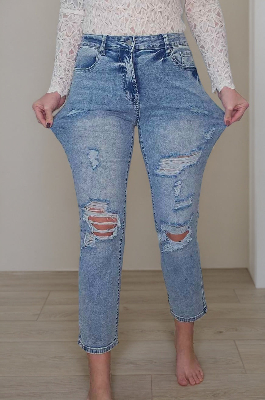 Delilah High Waist Frayed Hem Destructed Slim Jeans