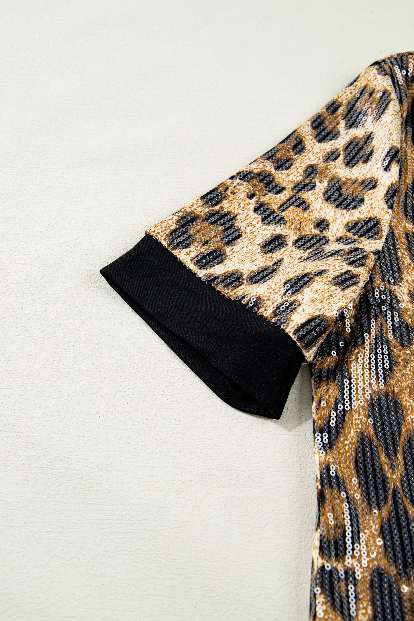 Brown Sequin Leopard Pattern Short Sleeve Top