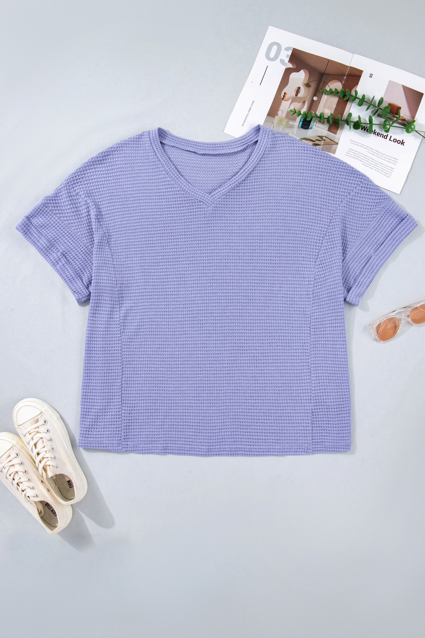 Clearly Aqua V Neck Short Sleeve Plus Size Waffle Knit Top