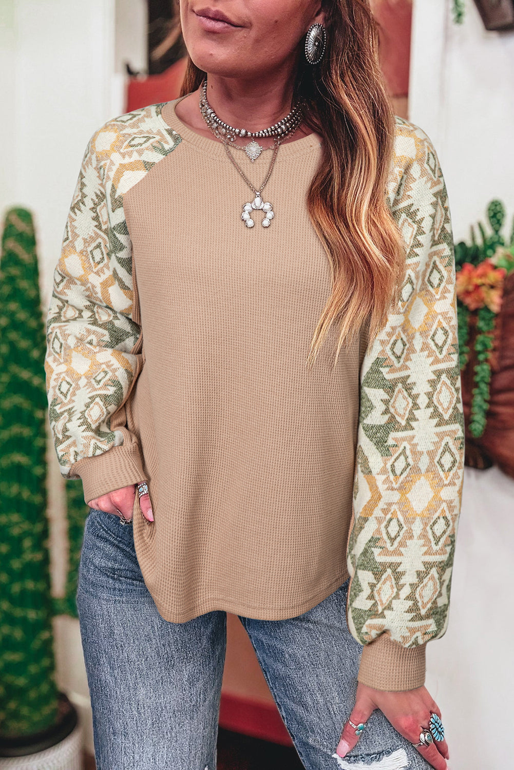 Smoke Gray Waffle Aztec Patchwork Raglan Sleeve Knit Top