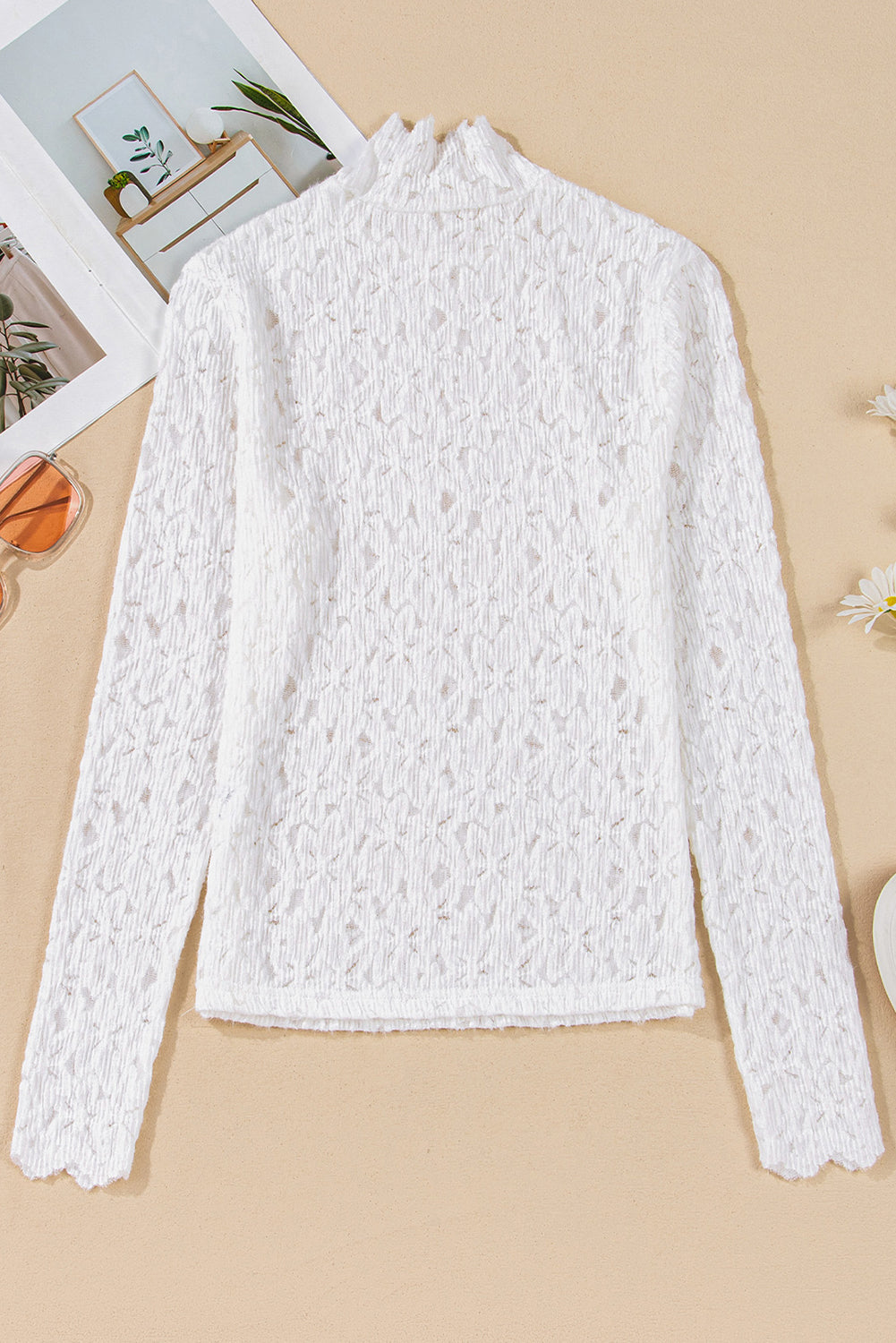 Floral White Lace See Through Long Sleeve Top