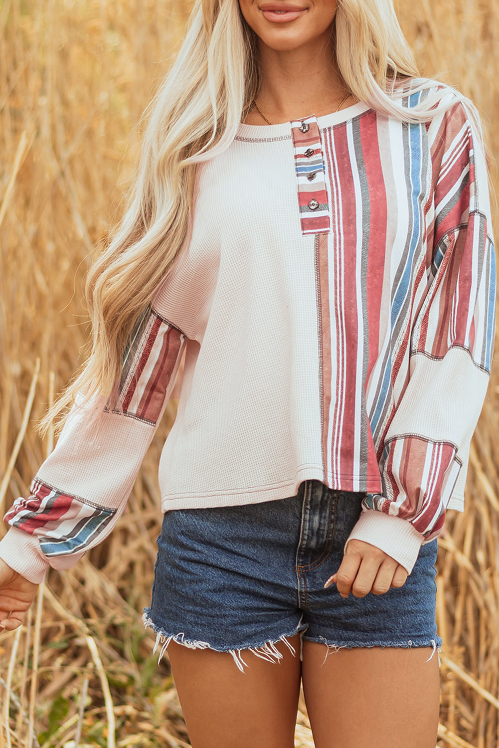 Beige Striped Waffle Patchwork Exposed Seam Raw Edge Casual Knit Top
