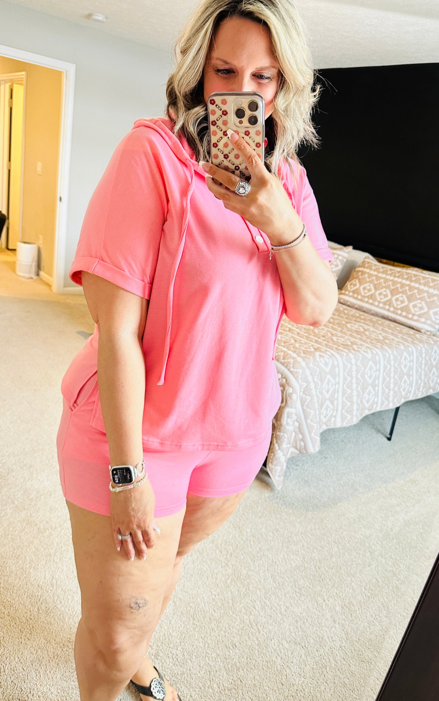 Pink Henley Top + Shorts Set