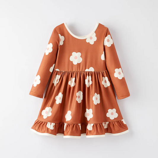 Girls Fall Autumn Brown Flower Long Sleeves Dress