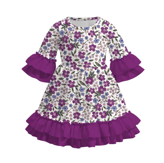 Girls Fall Autumn Purple Floral Print Ruffled 3/4 Sleeves Dress