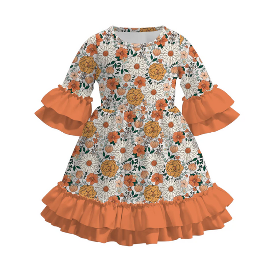 Girls Fall Autumn Purple Floral Print Ruffled 3/4 Sleeves Dress