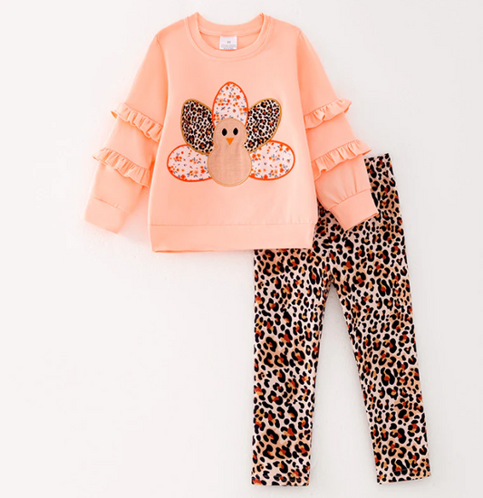 Girls Thanksgiving Turkey Applique Long Sleeves Leopard Pant Set