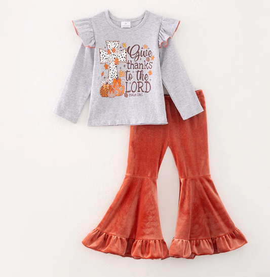 Girls Thanksgiving Pumpkin Cross Print Grey Coral Pant Set