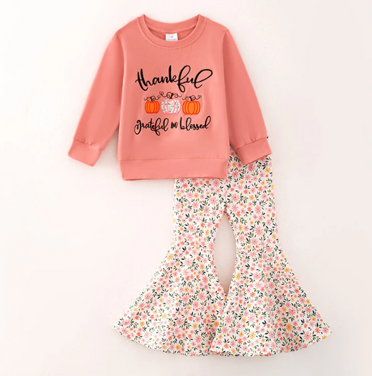 Girls Thankful Grateful Blessed Print Coral Floral Bell Pant Set