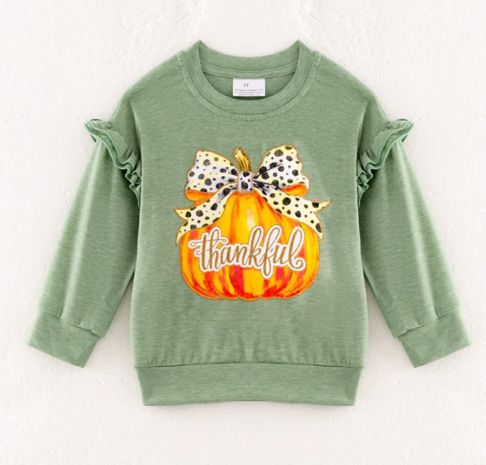 Girls Thanksgiving Pumpkin Bow Ruffled Green Sweatshirt