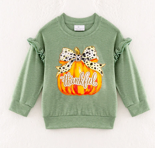Girls Thanksgiving Pumpkin Bow Ruffled Green Sweatshirt