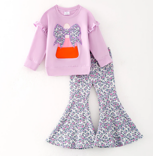 Girls Halloween Corn Bow Applique Floral Bell Pant Purple Set