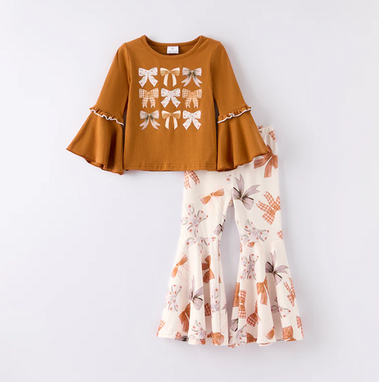 Girls Fall Autumn Brown Bow Long Sleeves Bell Pant Set