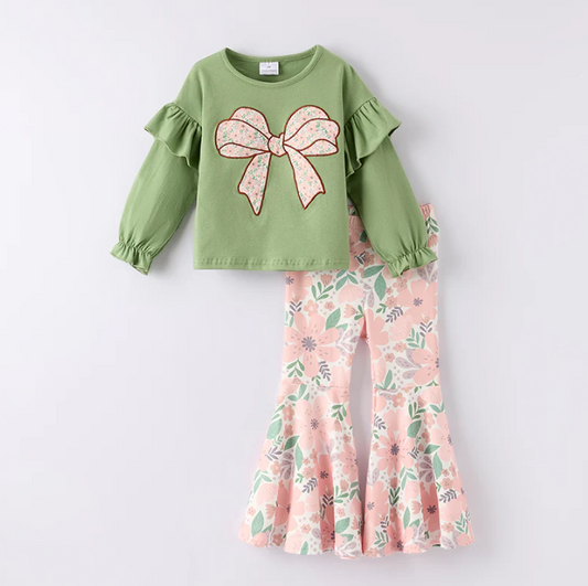 Green Floral Print Bow Long Sleeves Pant Set