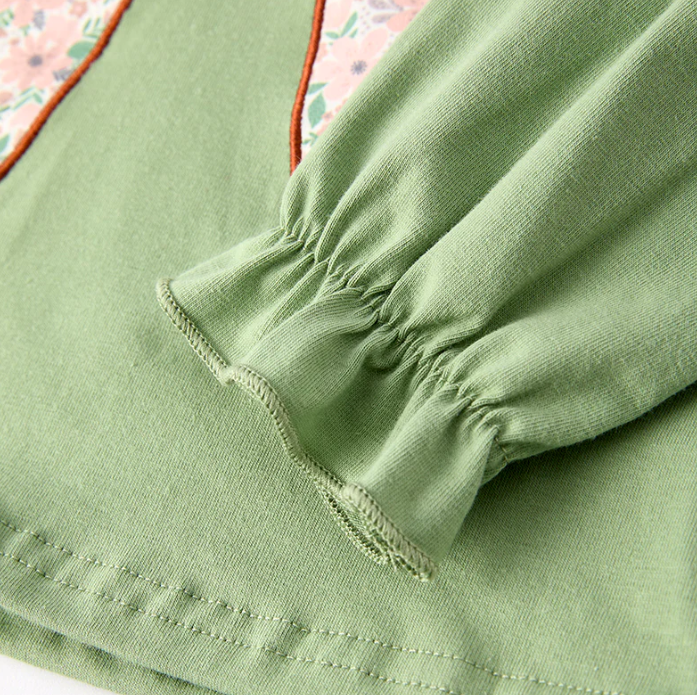 Green Floral Print Bow Long Sleeves Pant Set