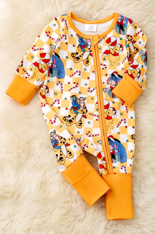 Honey Christmas character printed on checker baby onesie