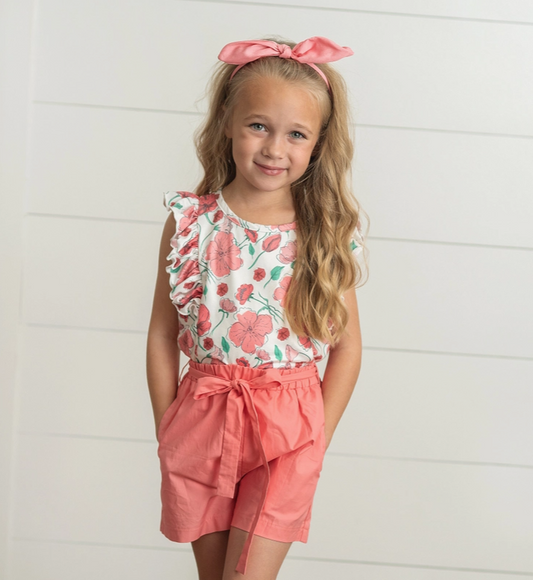Pre Order - Kids Coral Pink Floral Ruffle Spring Summer Pocket Short Set