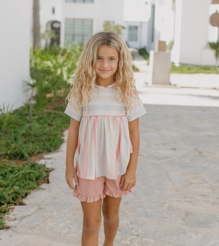 Pre Order - Kids Sand Blush Stripe Pocket Ruffle Spring Summer Short Set