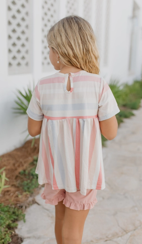 Pre Order - Kids Sand Blush Stripe Pocket Ruffle Spring Summer Short Set