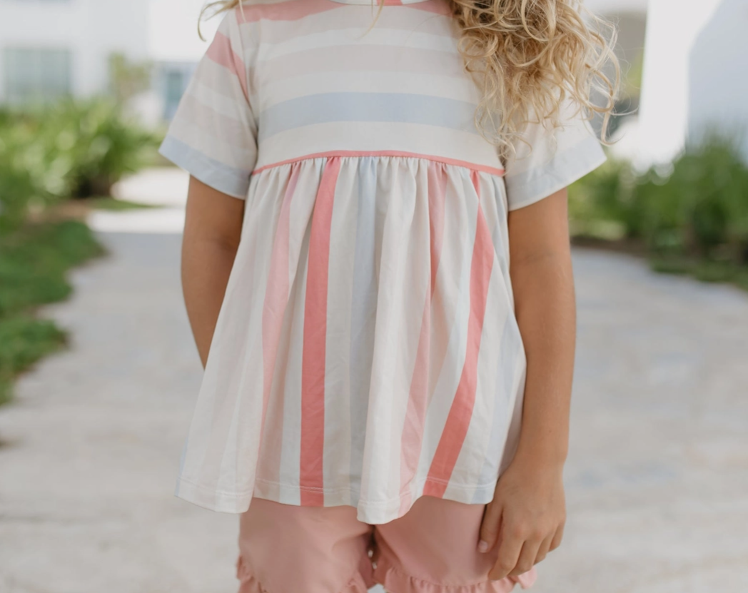 Pre Order - Kids Sand Blush Stripe Pocket Ruffle Spring Summer Short Set