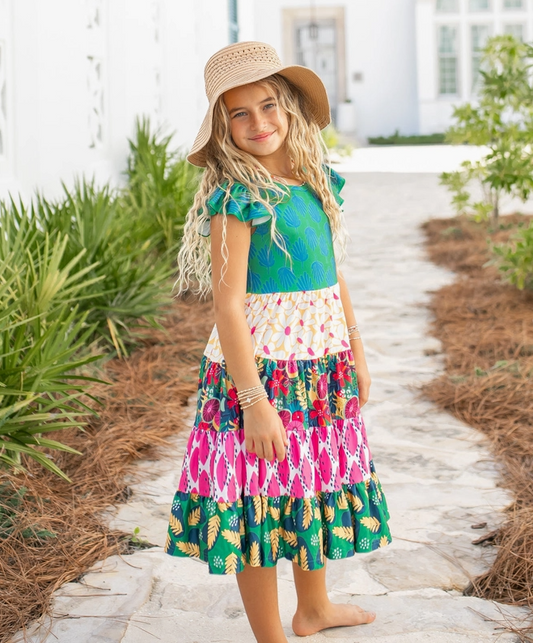 Pre Order - Kids Bright Pink & Green Tropical Tiered Spring Dress