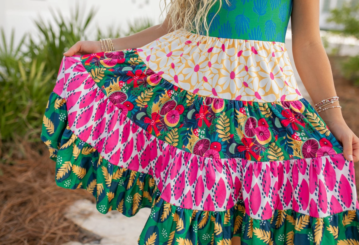 Pre Order - Kids Bright Pink & Green Tropical Tiered Spring Dress