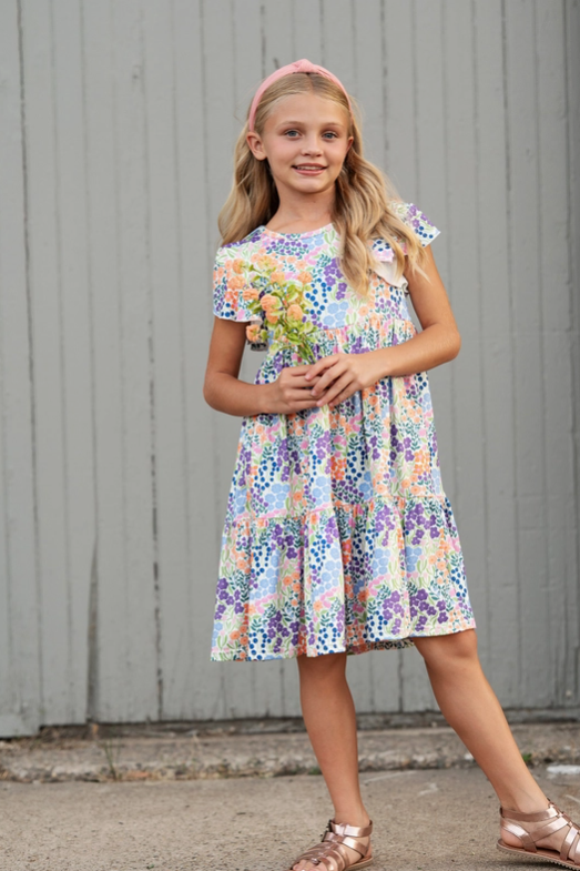 Pre Order - Kids Emmy Garden Floral Flutter Sleeve Twirl Spring Dress