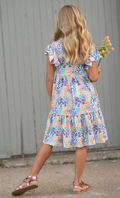 Pre Order - Kids Emmy Garden Floral Flutter Sleeve Twirl Spring Dress
