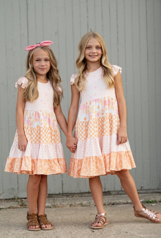 Pre Order - Kids Pink & Tangerine Daisy Checkered Tiered Spring Dress