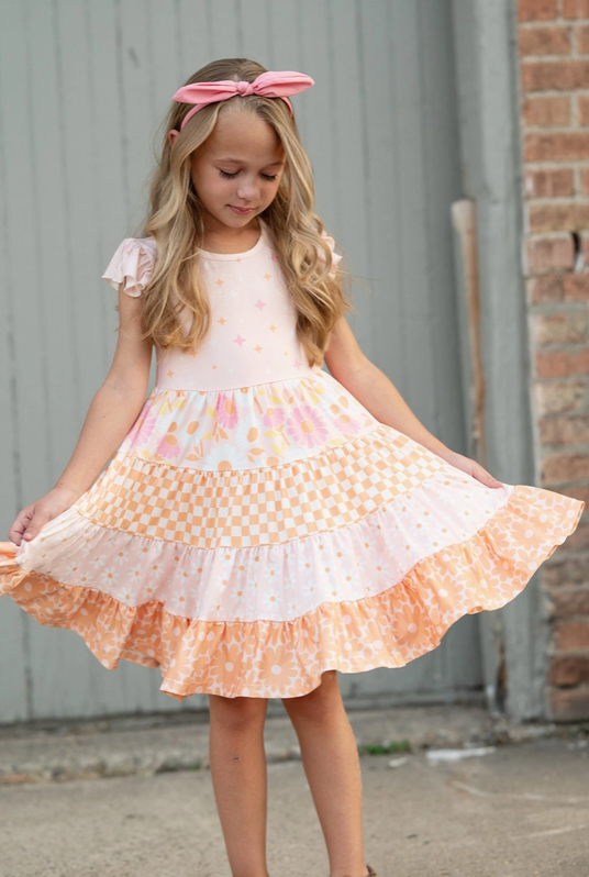 Pre Order - Kids Pink & Tangerine Daisy Checkered Tiered Spring Dress