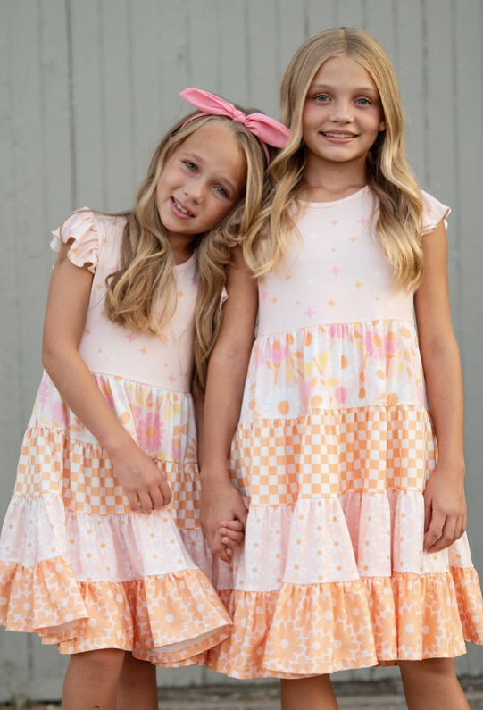 Pre Order - Kids Pink & Tangerine Daisy Checkered Tiered Spring Dress