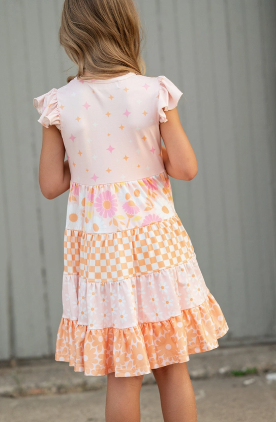 Pre Order - Kids Pink & Tangerine Daisy Checkered Tiered Spring Dress