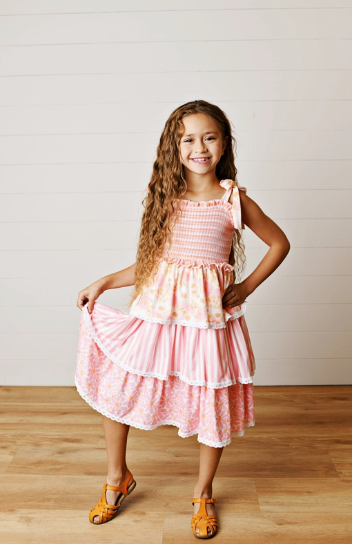 Pre Order - Kids Anna Pink Daisy Layered Lace Spring Summer Sundress