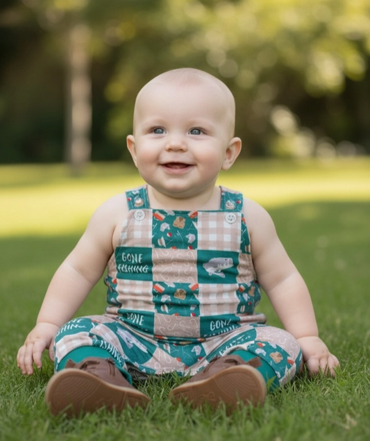 Gone Fishing, Green Multi-Printed Patch Baby Romper with Snaps.