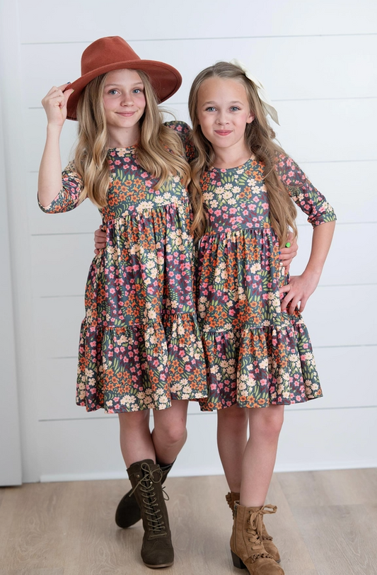 Pre Order: Girls Emma Rust Fall Flower Fields Tiered Twirl Dress