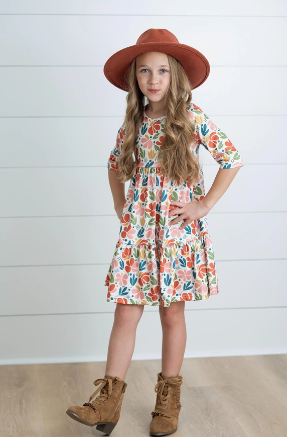 Pre Order: Girls Emma Retro Rust Mod Fall Floral Tiered Twirl Dress